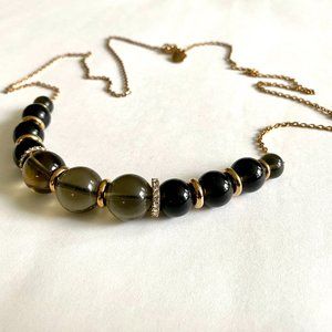J. Crew Long Gold Tone Necklace with Dark Olive Green Beads